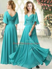Gorgeous Aqua Blue Prom Dresses Prom and Party with Beading and Lace V-neck Half Sleeves Sweep Train Zipper