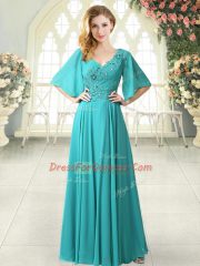 Gorgeous Aqua Blue Prom Dresses Prom and Party with Beading and Lace V-neck Half Sleeves Sweep Train Zipper