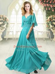 Gorgeous Aqua Blue Prom Dresses Prom and Party with Beading and Lace V-neck Half Sleeves Sweep Train Zipper