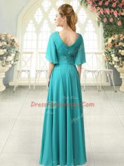 Gorgeous Aqua Blue Prom Dresses Prom and Party with Beading and Lace V-neck Half Sleeves Sweep Train Zipper