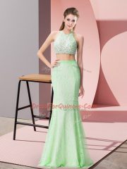 Enchanting Halter Top Sleeveless Backless Prom Gown Apple Green Lace