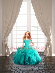 Aqua Blue Lace Up 15 Quinceanera Dress Beading Cap Sleeves