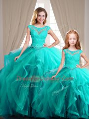 Aqua Blue Lace Up 15 Quinceanera Dress Beading Cap Sleeves