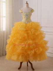 Sleeveless Floor Length Beading and Ruffled Layers Lace Up Little Girls Pageant Dress Wholesale with Gold