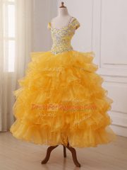Sleeveless Floor Length Beading and Ruffled Layers Lace Up Little Girls Pageant Dress Wholesale with Gold