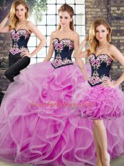 Custom Design Lilac Ball Gowns Sweetheart Sleeveless Tulle Sweep Train Lace Up Beading and Embroidery and Ruffles 15 Quinceanera Dress