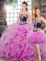 Custom Design Lilac Ball Gowns Sweetheart Sleeveless Tulle Sweep Train Lace Up Beading and Embroidery and Ruffles 15 Quinceanera Dress