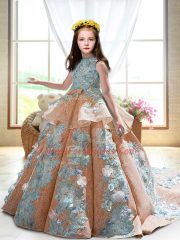 Excellent Peach Backless High-neck Appliques Kids Formal Wear Satin Sleeveless Court Train