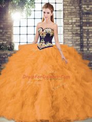 Charming Sleeveless Organza Floor Length Lace Up Ball Gown Prom Dress in Orange with Beading and Embroidery
