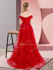 Sweep Train A-line Evening Dress Red Off The Shoulder Tulle Sleeveless Lace Up