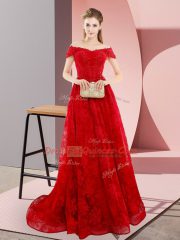 Sweep Train A-line Evening Dress Red Off The Shoulder Tulle Sleeveless Lace Up