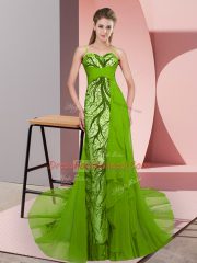 Green Tulle Zipper Spaghetti Straps Sleeveless Prom Gown Sweep Train Beading and Lace