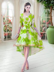 High Low Prom Dresses Scoop Half Sleeves Lace Up