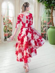 High Low Prom Dresses Scoop Half Sleeves Lace Up