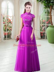 Shining Cap Sleeves Lace Up Floor Length Appliques and Belt Prom Party Dress