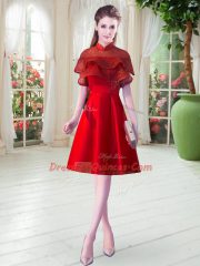 Red Zipper Prom Evening Gown Lace Cap Sleeves Knee Length