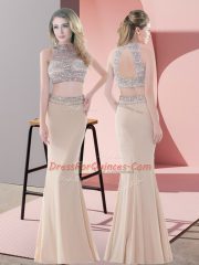 Champagne Two Pieces Beading Homecoming Dress Backless Satin Sleeveless Floor Length