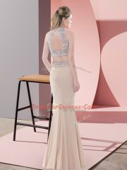 Champagne Two Pieces Beading Homecoming Dress Backless Satin Sleeveless Floor Length