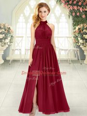 Wine Red Chiffon Zipper Prom Evening Gown Sleeveless Ankle Length Ruching