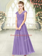Popular Cap Sleeves Chiffon Ankle Length Zipper in Lavender with Lace