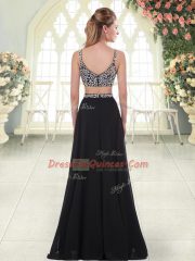 Shining Royal Blue Two Pieces Chiffon Straps Sleeveless Beading Floor Length Zipper Prom Gown