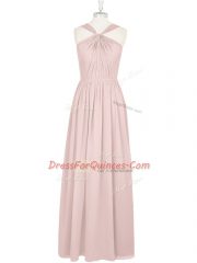 Pink Empire Chiffon Halter Top Sleeveless Pleated Floor Length Zipper Casual Dresses