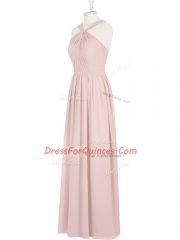 Pink Empire Chiffon Halter Top Sleeveless Pleated Floor Length Zipper Casual Dresses