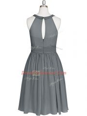 Grey Dress for Prom Prom and Party and Military Ball with Ruching Halter Top Sleeveless Zipper