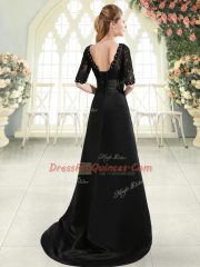 Comfortable Black Lace Up Scalloped Beading and Appliques Prom Dresses Elastic Woven Satin Half Sleeves Sweep Train