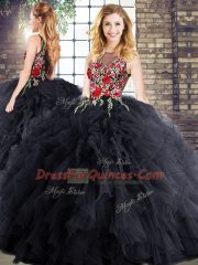 Luxurious Floor Length Black Sweet 16 Quinceanera Dress Sleeveless Embroidery and Ruffles