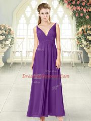 Purple Sleeveless Ruching Ankle Length Evening Dress
