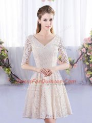 Champagne V-neck Lace Up Lace Quinceanera Court Dresses Half Sleeves