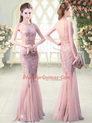 Fitting Pink Sleeveless Floor Length Sequins Backless Prom Dresses