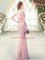 Fitting Pink Sleeveless Floor Length Sequins Backless Prom Dresses