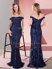Discount Off The Shoulder Sleeveless Sequined Prom Evening Gown Ruching Zipper