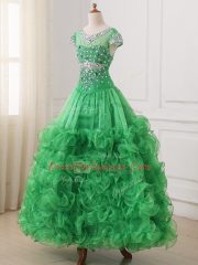 Ball Gowns Little Girl Pageant Dress Green V-neck Organza Cap Sleeves Floor Length Lace Up