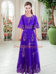 Top Selling Purple A-line Scoop Half Sleeves Tulle Floor Length Lace Up Lace Prom Party Dress
