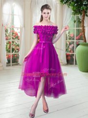 Extravagant Fuchsia A-line Tulle Off The Shoulder Short Sleeves Appliques High Low Lace Up Party Dresses