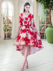 White And Red Lace Up Scoop Belt Prom Gown Lace Half Sleeves