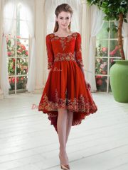 Red Satin Lace Up Prom Dress Long Sleeves High Low Embroidery