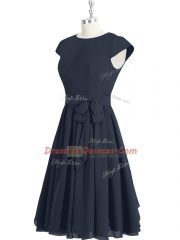 Modest Black Cap Sleeves Knee Length Ruching Zipper Dress for Prom