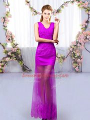 Column/Sheath Vestidos de Damas Purple V-neck Tulle Sleeveless Floor Length Lace Up