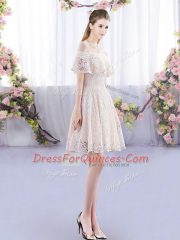 Champagne Empire Off The Shoulder Short Sleeves Lace Mini Length Lace Up Quinceanera Court of Honor Dress