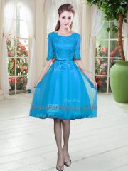 Scoop Half Sleeves Tulle Dress for Prom Lace Lace Up