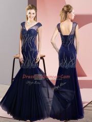 Most Popular Navy Blue Chiffon Lace Up V-neck Sleeveless Floor Length Dress for Prom Beading