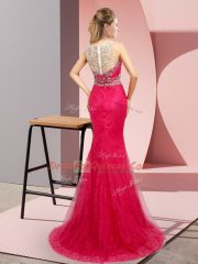 Sweep Train Two Pieces Hot Pink Scoop Tulle and Lace Sleeveless Lace Up