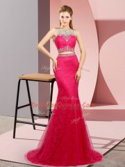 Sweep Train Two Pieces Hot Pink Scoop Tulle and Lace Sleeveless Lace Up