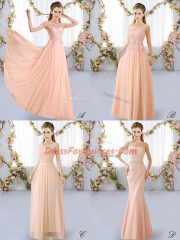 Elegant Peach Sleeveless Lace Floor Length Quinceanera Court Dresses