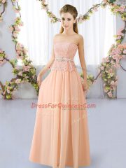 Elegant Peach Sleeveless Lace Floor Length Quinceanera Court Dresses