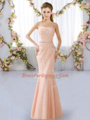 Elegant Peach Sleeveless Lace Floor Length Quinceanera Court Dresses